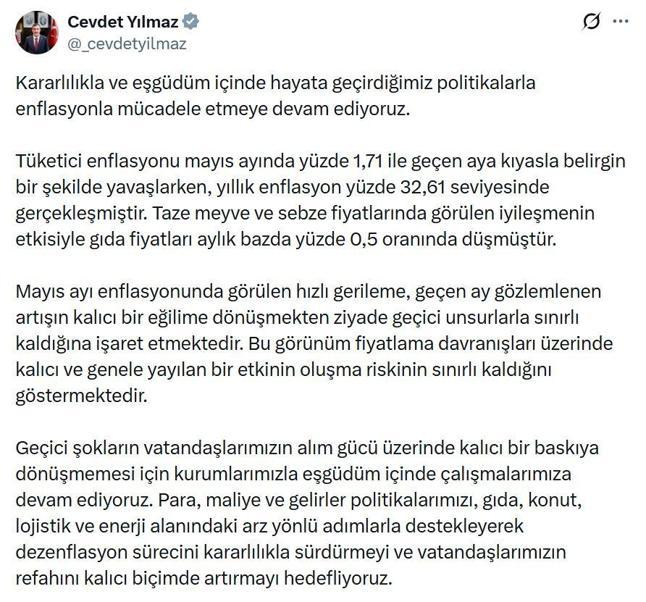 Cevdet Yılmaz: Dezenflasyon sürecini sürdürmeyi hedefliyoruz