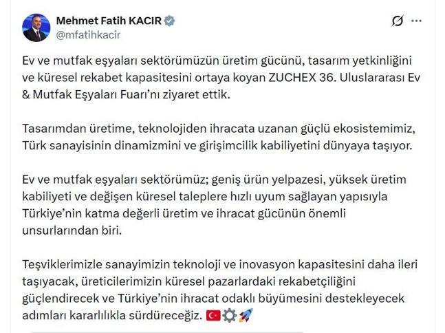 Bakan Kacır, ZUCHEX 36ıncı Uluslararası Ev ve Mutfak Eşyaları Fuarını ziyaret etti