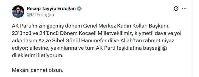 Cumhurbaşkanı Erdoğandan AK Partili Gönül için taziye mesajı