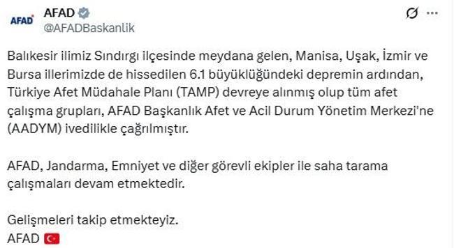 Balıkesir Sındırgıda 6.1 büyüklüğünde deprem