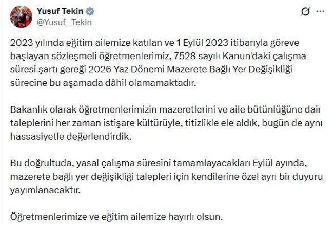 Bakan Tekinden Mazerete Bağlı Yer Değişikliği açıklaması