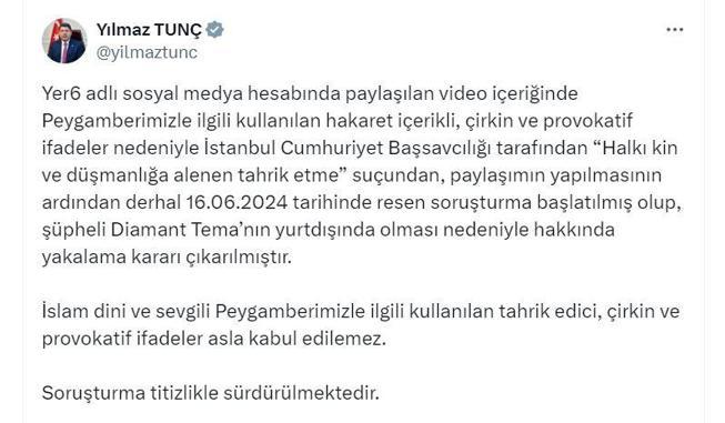 Bakan Tunç: Diamant Tema hakkında yakalama kararı çıkarıldı