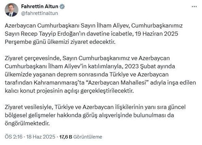 Azerbaycan Cumhurbaşkanı Aliyev, Türkiyeye geliyor