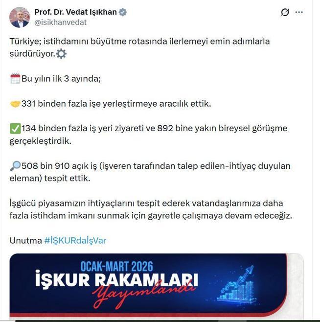 Bakan Işıkhan: Yılın ilk 3 ayında 331 binden fazla işe yerleştirmeye aracılık ettik