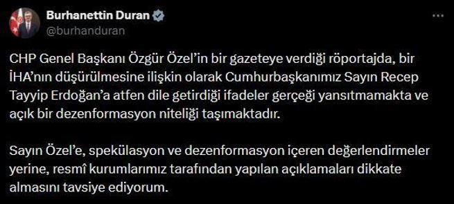 Burhanettin Duran: Özgür Özelin ifadeleri açık bir dezenformasyon niteliği taşımaktadır
