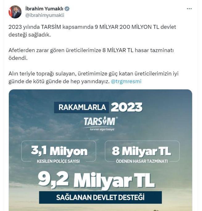 Bakan Yumaklı: TARSİM kapsamında 9,2 milyar lira destek sağlandı