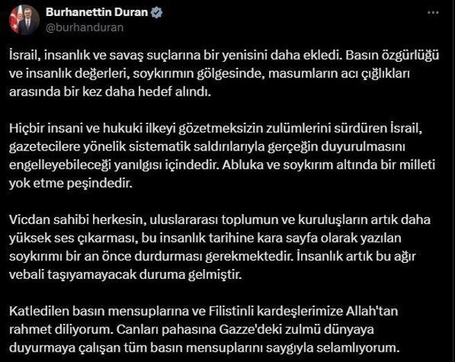Burhanettin Duran: İsrail, gerçeğin duyurulmasını engelleyebileceği yanılgısı içindedir