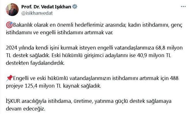 Bakan Işıkhan: Kendi işini kuran engellilere 68,8 milyon lira destek sağladık