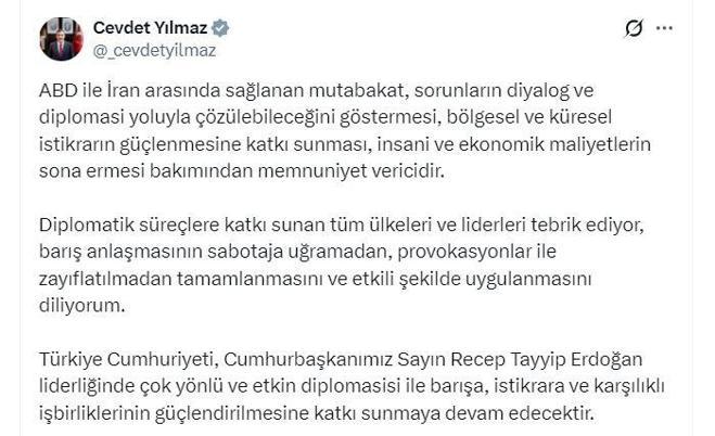 Cevdet Yılmaz: ABD ile İran arasında sağlanan mutabakat, memnuniyet verici