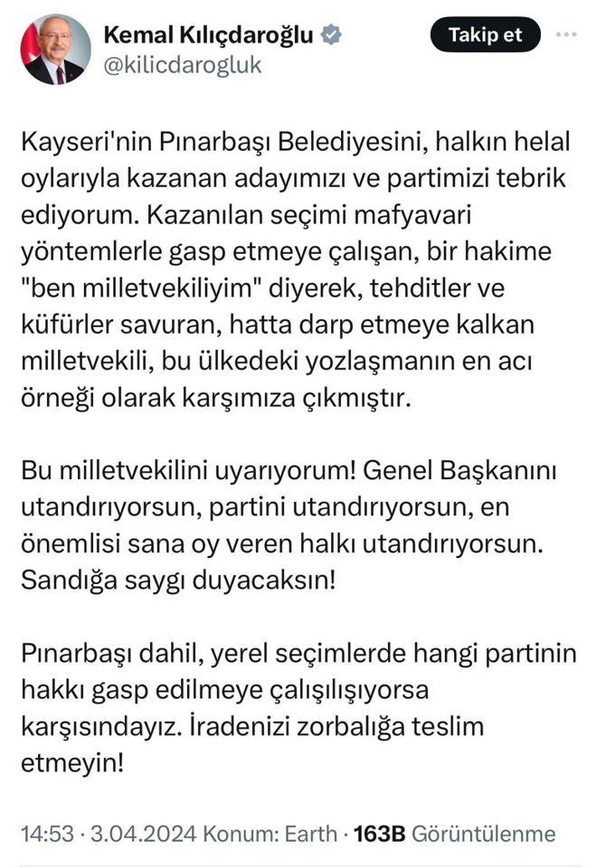 Kılıçdaroğlundan MHPnin Kayseri milletvekiline, Sandığa saygı duyacaksın uyarısı