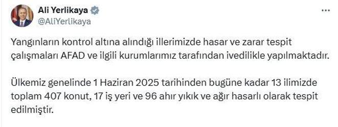 Bakan Yerlikaya: Yangınlardan 407 konut etkilendi, 128,4 milyon ödenek gönderildi