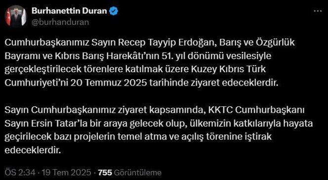 Cumhurbaşkanı Erdoğan, yarın KKTCye gidiyor