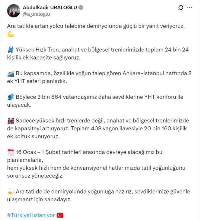Bakan Uraloğlu: Ara tatilde trenlerde 24 bin kişilik kapasite artışı sağlayacağız