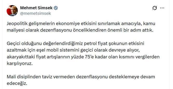 Bakan Şimşek: Akaryakıttaki fiyat artışlarının yüzde 75e kadar olan kısmını vergilerden karşılıyoruz