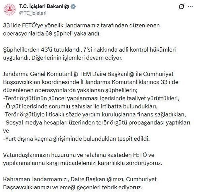 33 ilde FETÖ operasyonları: 43 tutuklama