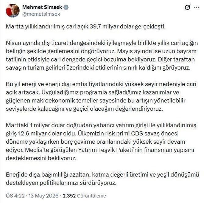 Bakan Şimşekten cari açık değerlendirmesi