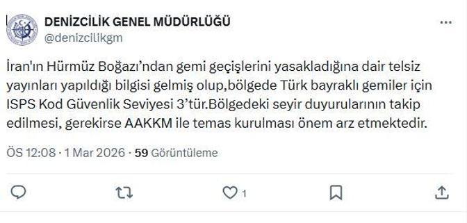 Denizcilik Genel Müdürlüğünden Hürmüz Boğazı açıklaması