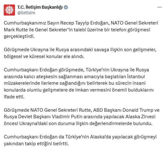 Cumhurbaşkanı Erdoğan, NATO Genel Sekreteri Rutte ile telefonda görüştü