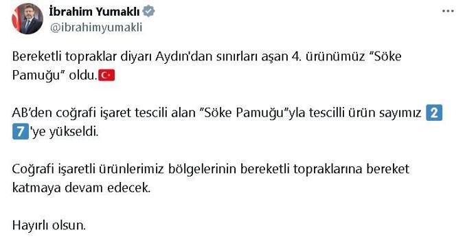 Bakan Yumaklı: Söke pamuğu, AB tescili aldı