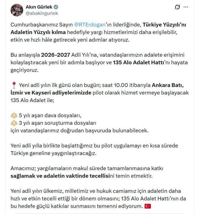 Bakan Gürlek: 135 Alo Adalet Hattı’nı hayata geçiriyoruz