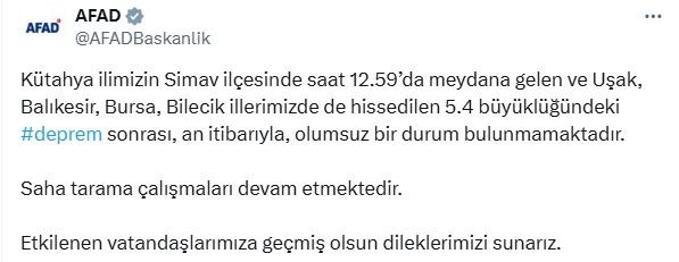 Simavda 5.4 büyüklüğünde deprem