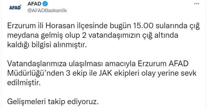 Horosanda çığ düştü; kar altında kalan 2 kişinin cansız bedenine ulaşıldı