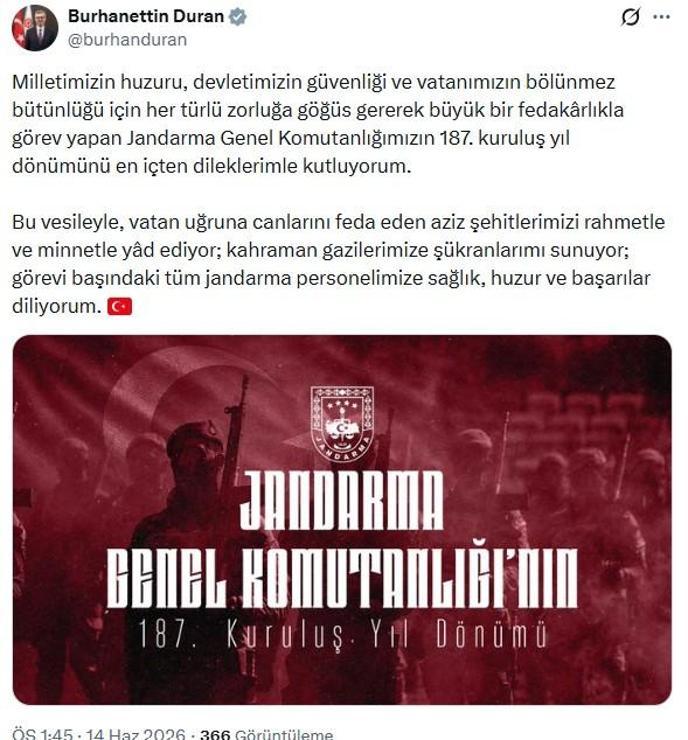 İletişim Başkanı Duran, Jandarma Teşkilatının kuruluş yıl dönümünü kutladı