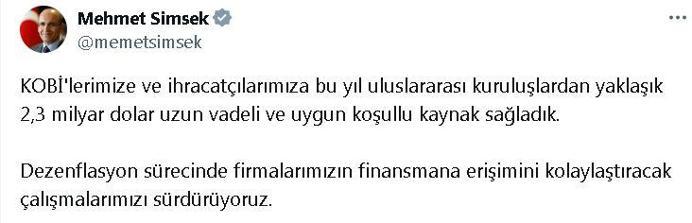 Bakan Şimşek: KOBİlerimize 2,3 milyar dolar kaynak sağladık