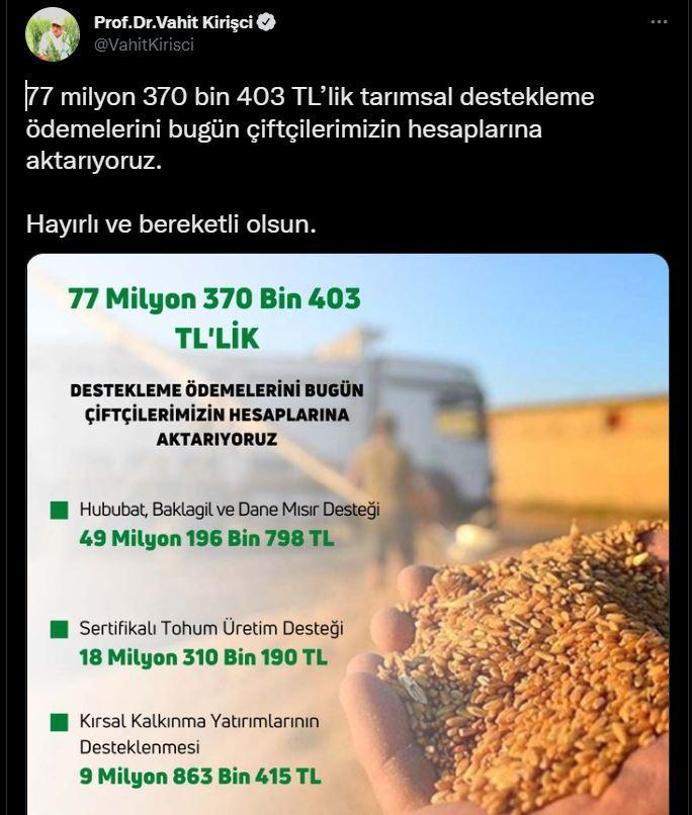 Bakan Kirişci: 77 milyon 370 bin 403 TLlik destekleme ödemelerini hesaplara aktarıyoruz