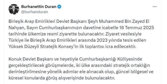 BAE Devlet Başkanı El Nahyan, yarın Türkiyeye gelecek