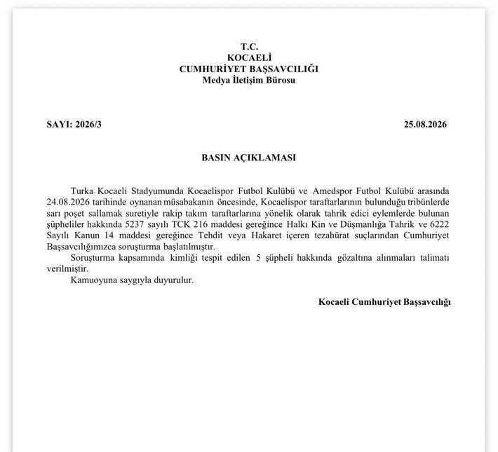 Kocaelispor tribünündeki olaya ilişkin 5 gözaltı kararı