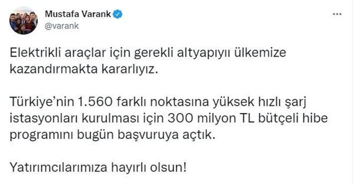 Bakanlıktan, Elektrikli Araçlar İçin Hızlı Şarj İstasyonları Hibe Programı