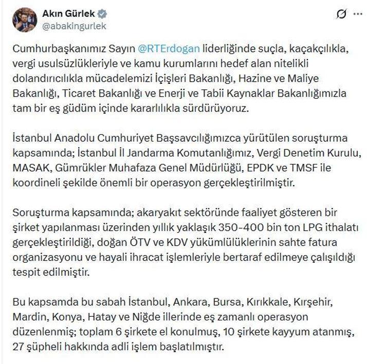 Akaryakıt sektörüne yönelik sahte fatura operasyonu; 10 şirkete kayyım atandı