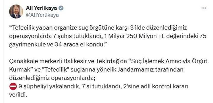 Çanakkale merkezli 3 ilde tefeci operasyonu; 7 tutuklama