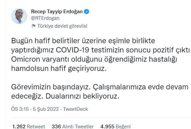 Cumhurbaşkanı Erdoğan: Covid-19 testimizin sonucu pozitif çıktı