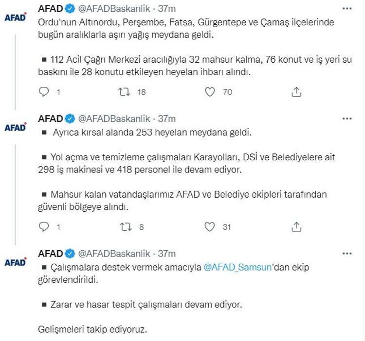 AFAD: 253 HEYELAN, 32 MAHSUR KALMA, 76 SU BASKINI İHBARI ALINDI