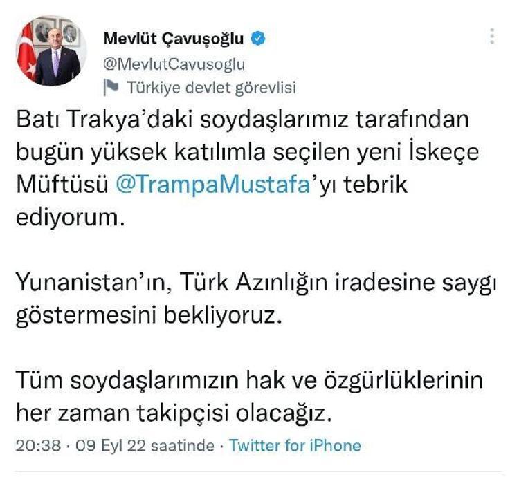 BAKAN ÇAVUŞOĞLUNDAN KUTLAMA MESAJI