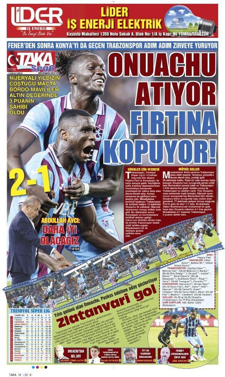 GALİBİYET VE ONUACHUNUN ŞIK GOLÜ YEREL GAZETE MANŞETLERİNDE