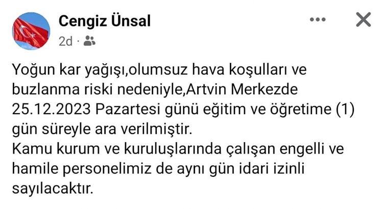 ARTVİNDE EĞİTİME KAR ENGELİ