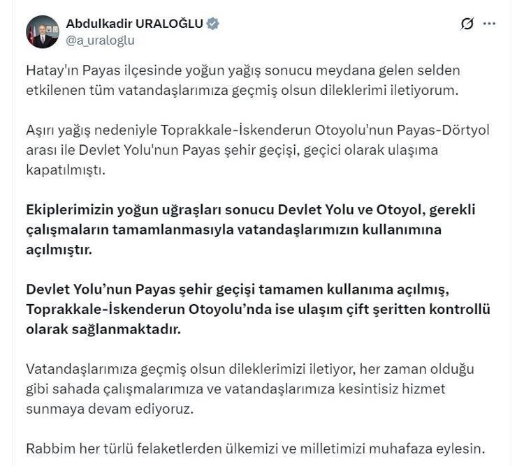 BAKAN URALOĞLU: DEVLET YOLU VE OTOYOL KULLANIMA AÇILDI