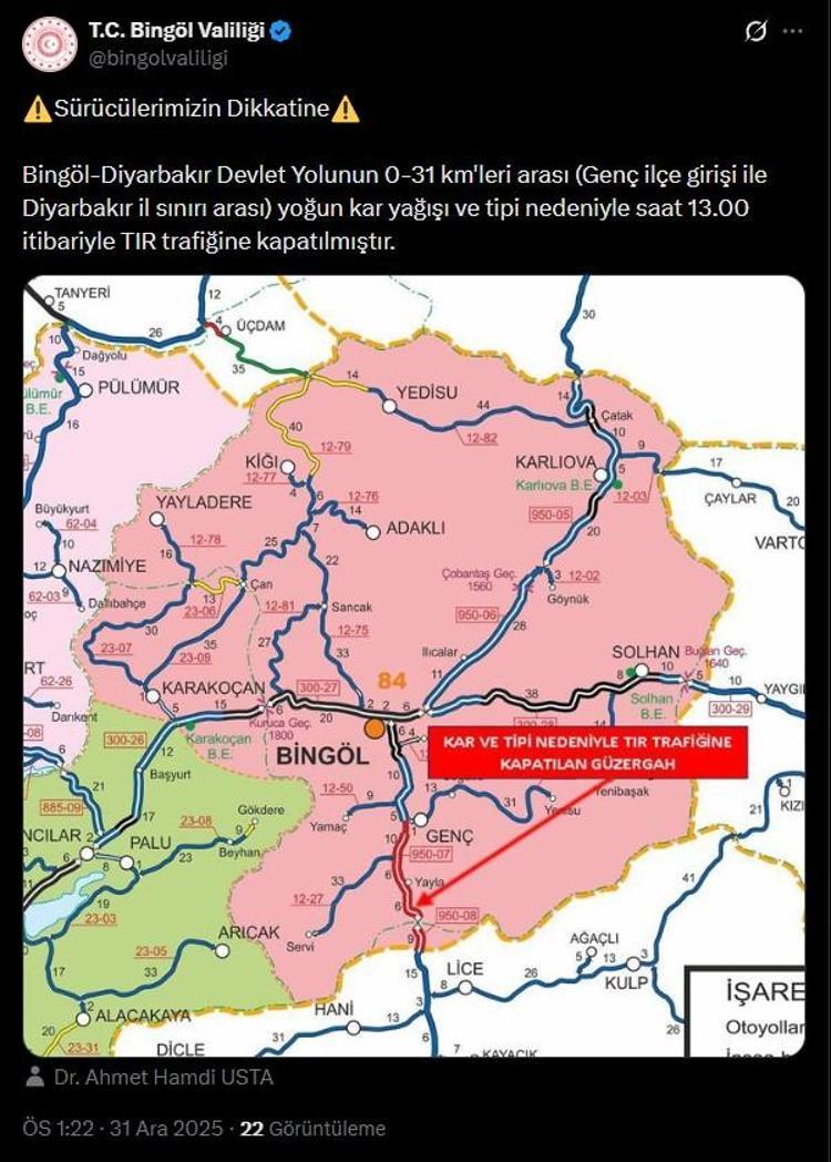 BİNGÖL-DİYARBAKIR KARA YOLU TIR TRAFİĞİNE KAPATILDI