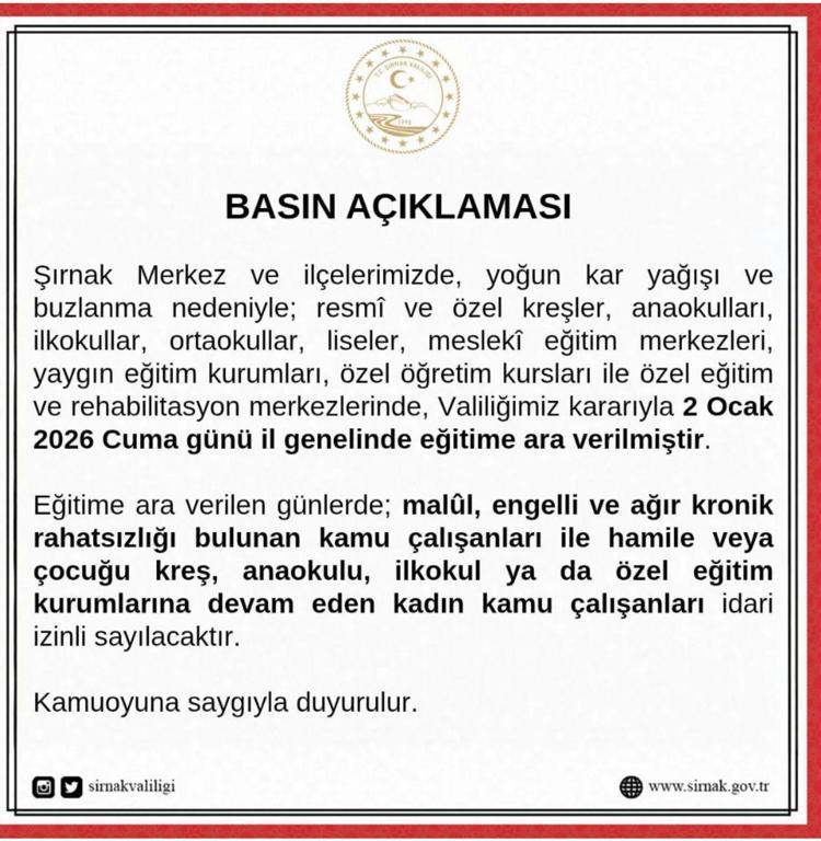 EĞİTİME 1 GÜN ARA VERİLDİ