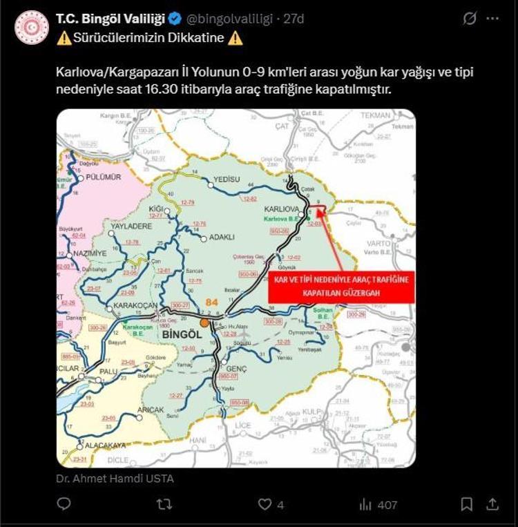 BİNGÖL-MUŞ KARA YOLUNUN BİR KISMI TIR TRAFİĞİNE KAPATILDI