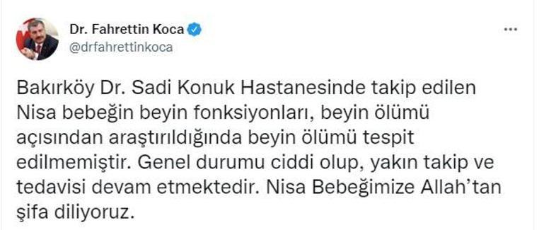 Bakan Kocadan Nisa bebeğin sağlık durumuna ilişkin yeni açıklama