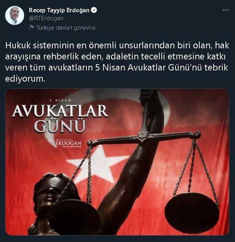 Cumhurbaşkanı Erdoğandan Avukatlar Günü tebriği