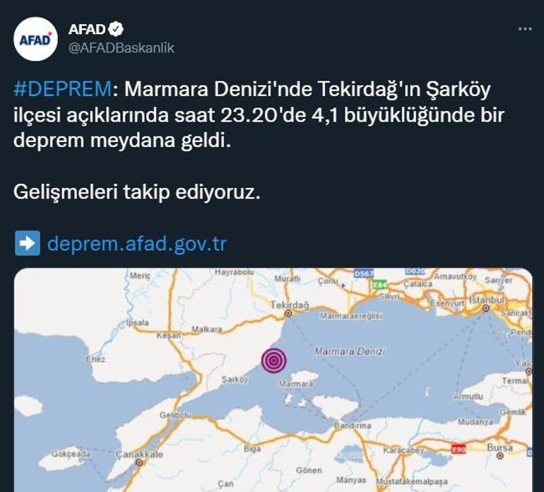 Şarköy açıklarında 4.1 büyüklüğünde deprem