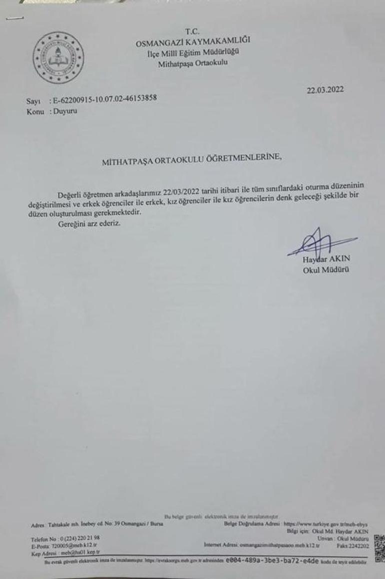 Bursada kız ile erkekleri ayrı oturtun talimatı veren müdüre soruşturma