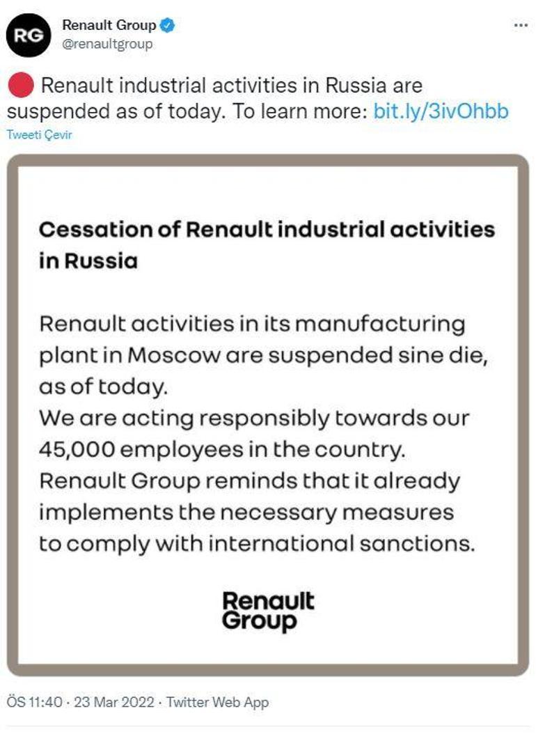 Kuleba’nın Tweet’inden sonra Renault, Shell ve Nestle, Rusya’da operasyonları durdurdu