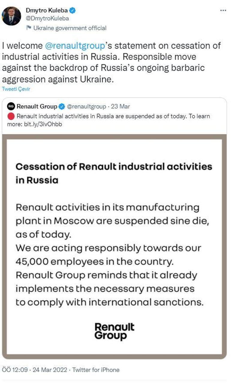 Kuleba’nın Tweet’inden sonra Renault, Shell ve Nestle, Rusya’da operasyonları durdurdu