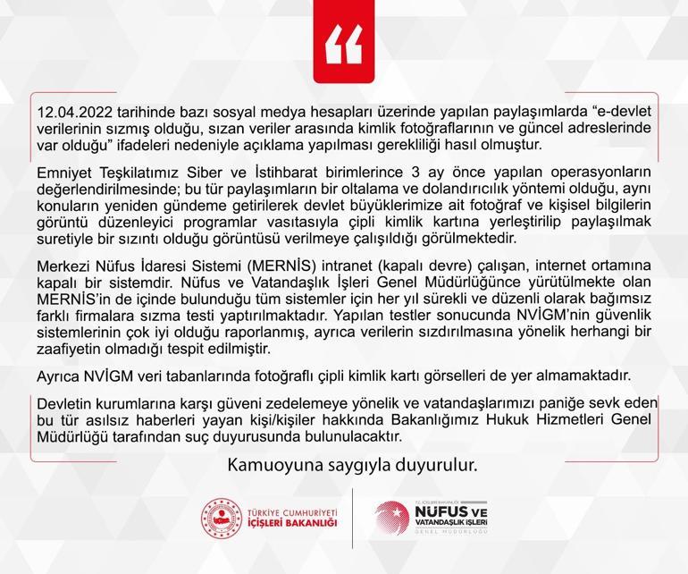 Nüfus ve Vatandaşlık İşlerinden e-Devlet verileri sızdırıldı iddiasına yalanlama